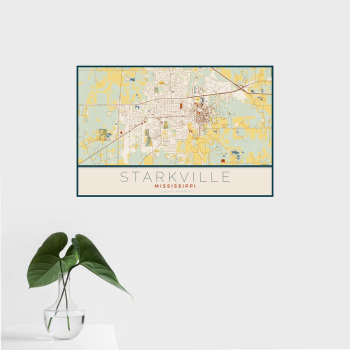 16x24 Starkville Mississippi Map Print Landscape Orientation in Woodblock Style With Tropical Plant Leaves in Water