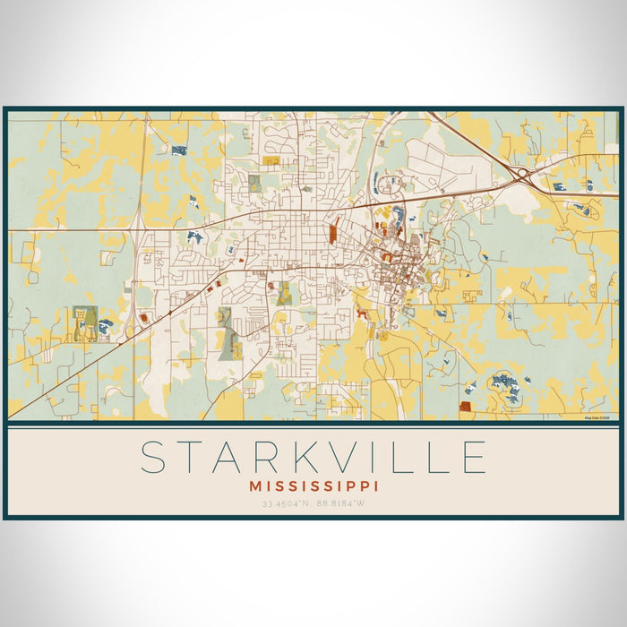 Starkville Mississippi Map Print Landscape Orientation in Woodblock Style With Shaded Background