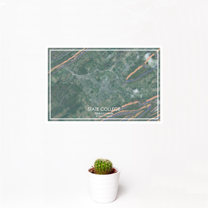 12x18 State College Pennsylvania Map Print Landscape Orientation in Afternoon Style With Small Cactus Plant in White Planter