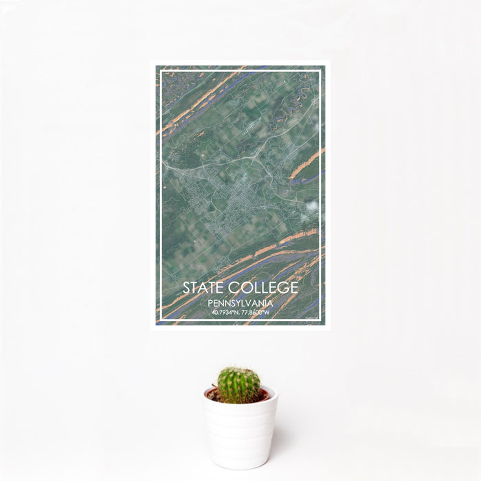 12x18 State College Pennsylvania Map Print Portrait Orientation in Afternoon Style With Small Cactus Plant in White Planter