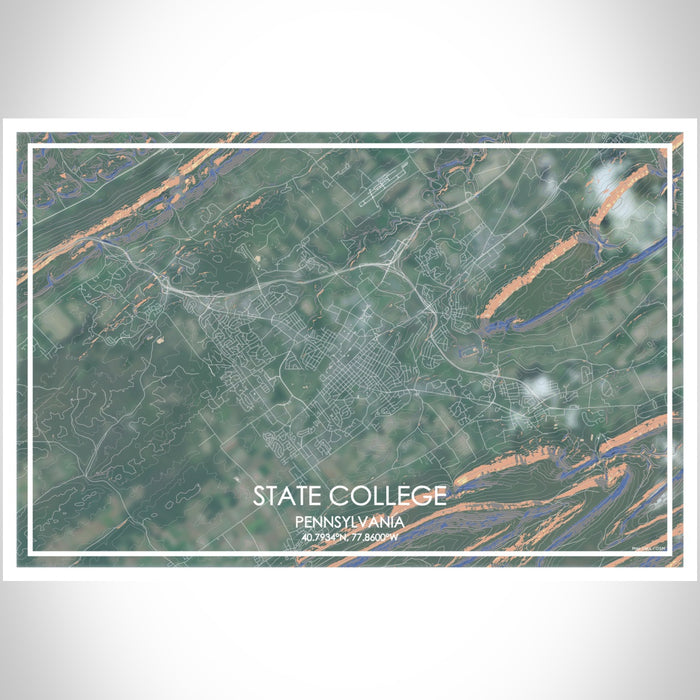 State College Pennsylvania Map Print Landscape Orientation in Afternoon Style With Shaded Background