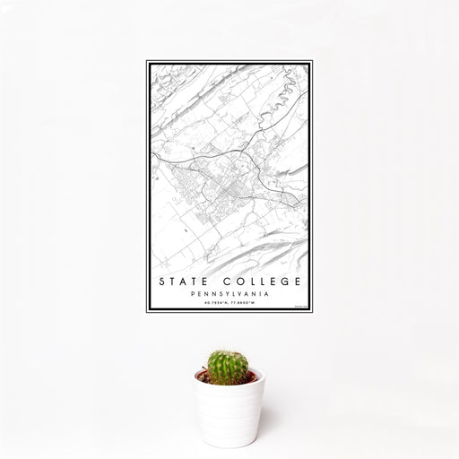 12x18 State College Pennsylvania Map Print Portrait Orientation in Classic Style With Small Cactus Plant in White Planter