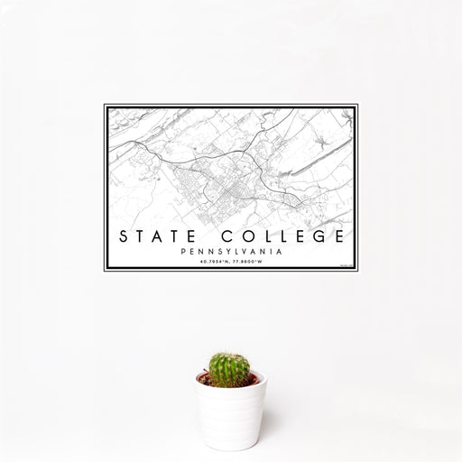 12x18 State College Pennsylvania Map Print Landscape Orientation in Classic Style With Small Cactus Plant in White Planter