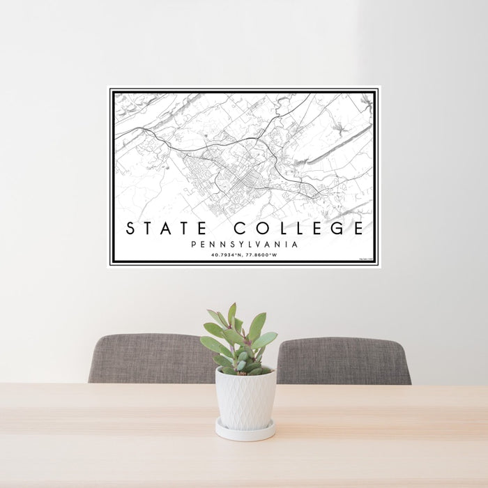 24x36 State College Pennsylvania Map Print Landscape Orientation in Classic Style Behind 2 Chairs Table and Potted Plant