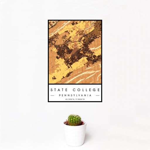 12x18 State College Pennsylvania Map Print Portrait Orientation in Ember Style With Small Cactus Plant in White Planter
