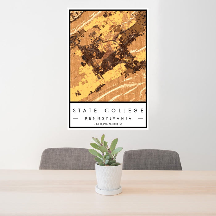 24x36 State College Pennsylvania Map Print Portrait Orientation in Ember Style Behind 2 Chairs Table and Potted Plant