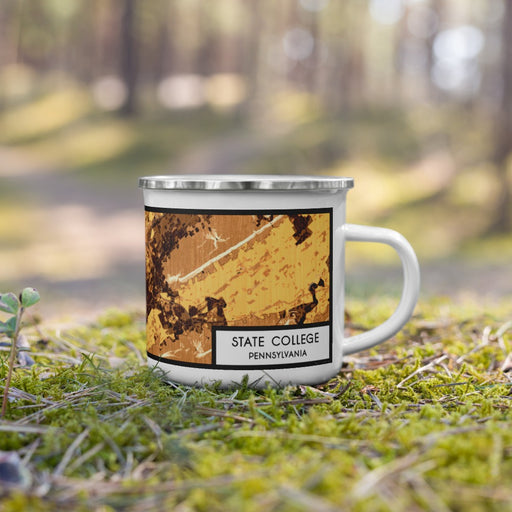 Right View Custom State College Pennsylvania Map Enamel Mug in Ember on Grass With Trees in Background