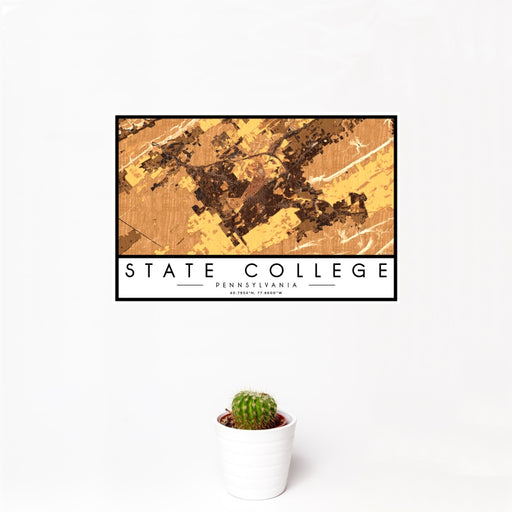 12x18 State College Pennsylvania Map Print Landscape Orientation in Ember Style With Small Cactus Plant in White Planter