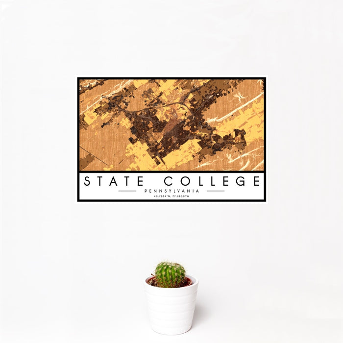 12x18 State College Pennsylvania Map Print Landscape Orientation in Ember Style With Small Cactus Plant in White Planter
