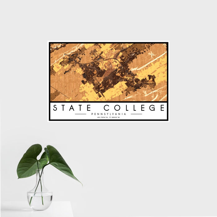 16x24 State College Pennsylvania Map Print Landscape Orientation in Ember Style With Tropical Plant Leaves in Water