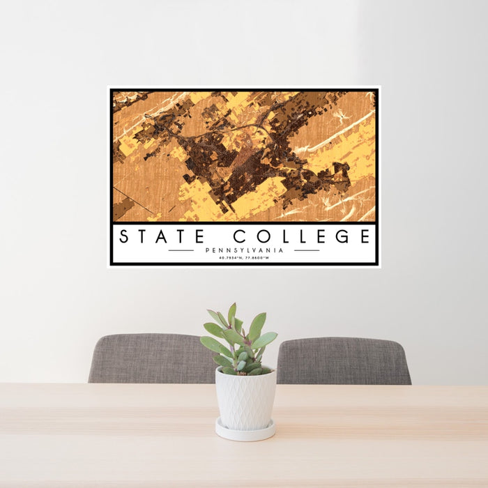 24x36 State College Pennsylvania Map Print Landscape Orientation in Ember Style Behind 2 Chairs Table and Potted Plant