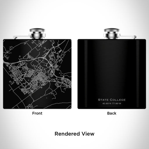 Rendered View of State College Pennsylvania Map Engraving on 6oz Stainless Steel Flask in Black