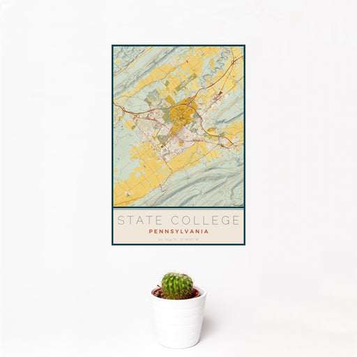 12x18 State College Pennsylvania Map Print Portrait Orientation in Woodblock Style With Small Cactus Plant in White Planter