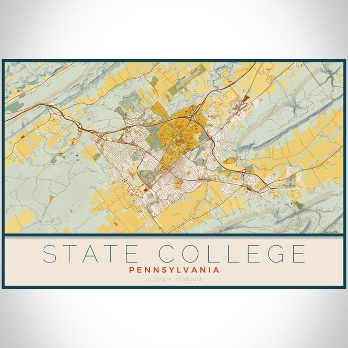 State College Pennsylvania Map Print Landscape Orientation in Woodblock Style With Shaded Background