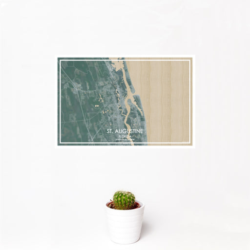 12x18 St. Augustine Florida Map Print Landscape Orientation in Afternoon Style With Small Cactus Plant in White Planter