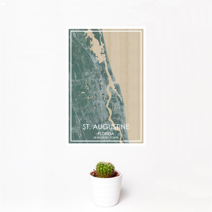 12x18 St. Augustine Florida Map Print Portrait Orientation in Afternoon Style With Small Cactus Plant in White Planter