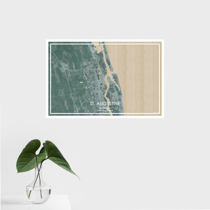 16x24 St. Augustine Florida Map Print Landscape Orientation in Afternoon Style With Tropical Plant Leaves in Water