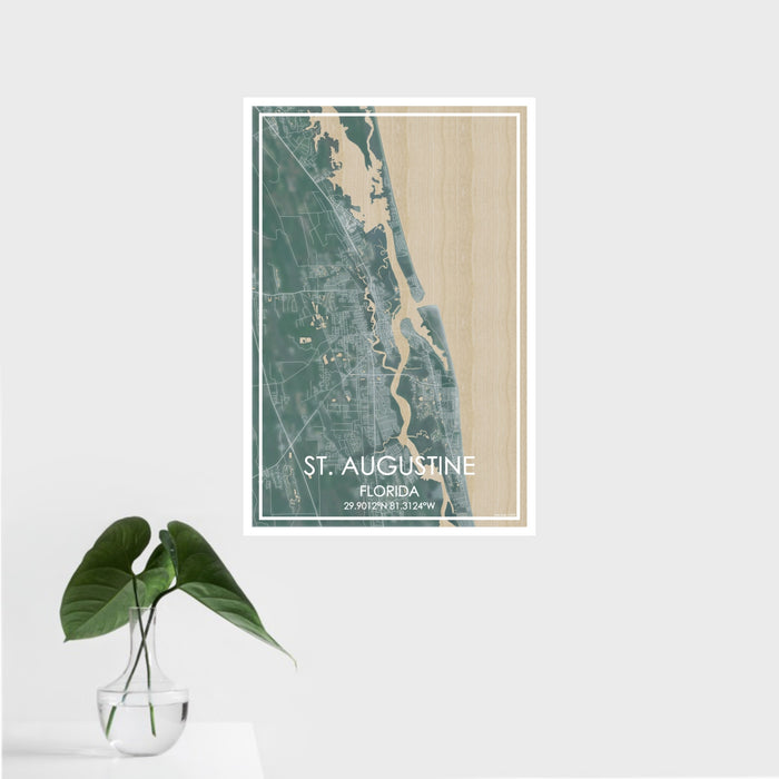 16x24 St. Augustine Florida Map Print Portrait Orientation in Afternoon Style With Tropical Plant Leaves in Water