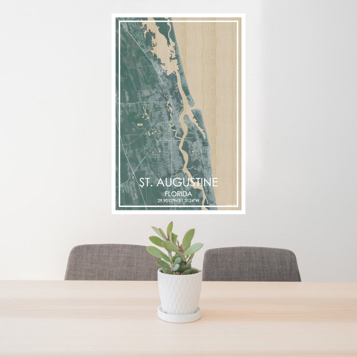 24x36 St. Augustine Florida Map Print Portrait Orientation in Afternoon Style Behind 2 Chairs Table and Potted Plant