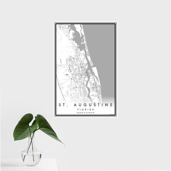 16x24 St. Augustine Florida Map Print Portrait Orientation in Classic Style With Tropical Plant Leaves in Water
