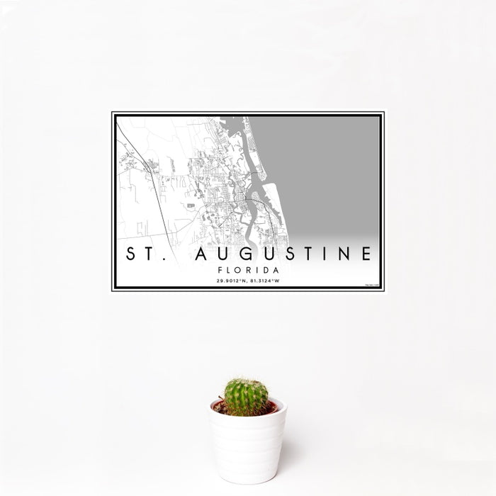 12x18 St. Augustine Florida Map Print Landscape Orientation in Classic Style With Small Cactus Plant in White Planter
