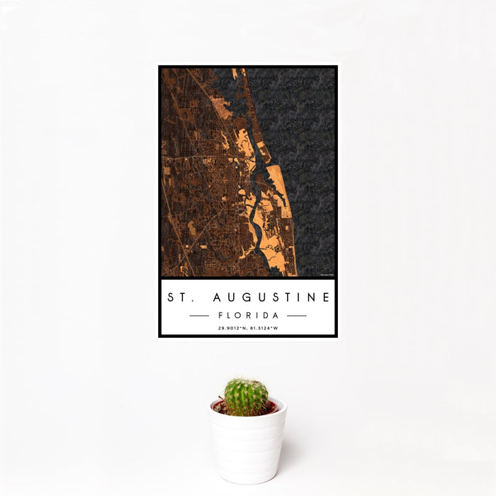 12x18 St. Augustine Florida Map Print Portrait Orientation in Ember Style With Small Cactus Plant in White Planter