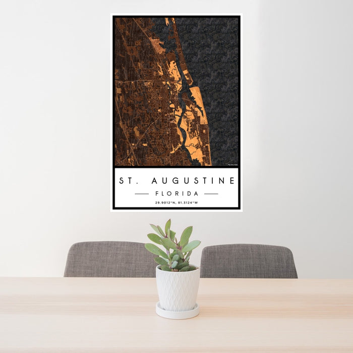 24x36 St. Augustine Florida Map Print Portrait Orientation in Ember Style Behind 2 Chairs Table and Potted Plant