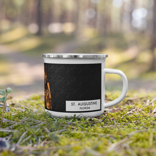 Right View Custom St. Augustine Florida Map Enamel Mug in Ember on Grass With Trees in Background