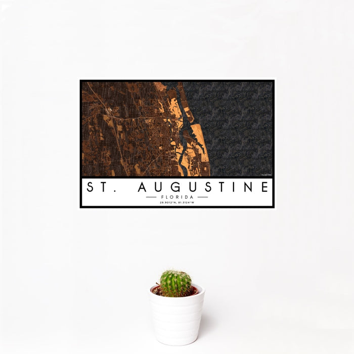 12x18 St. Augustine Florida Map Print Landscape Orientation in Ember Style With Small Cactus Plant in White Planter