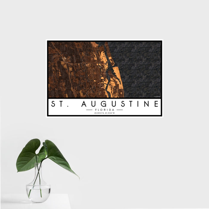 16x24 St. Augustine Florida Map Print Landscape Orientation in Ember Style With Tropical Plant Leaves in Water
