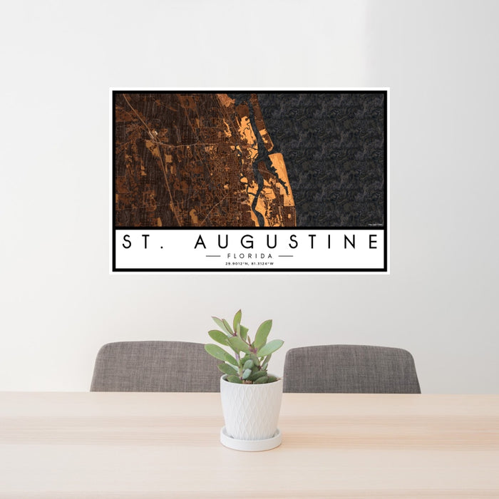 24x36 St. Augustine Florida Map Print Landscape Orientation in Ember Style Behind 2 Chairs Table and Potted Plant