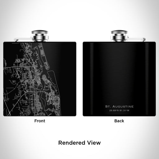 Rendered View of St. Augustine Florida Map Engraving on 6oz Stainless Steel Flask in Black