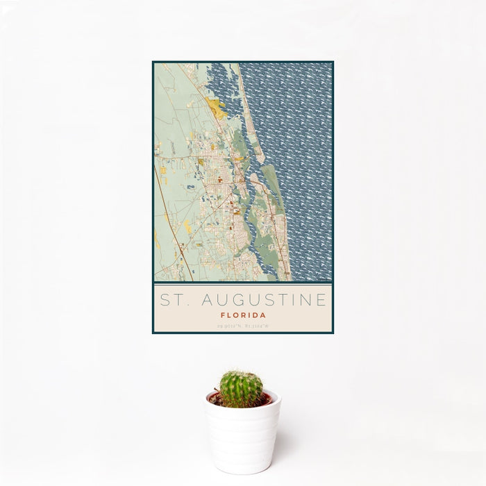 12x18 St. Augustine Florida Map Print Portrait Orientation in Woodblock Style With Small Cactus Plant in White Planter