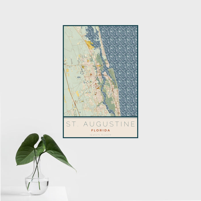 16x24 St. Augustine Florida Map Print Portrait Orientation in Woodblock Style With Tropical Plant Leaves in Water