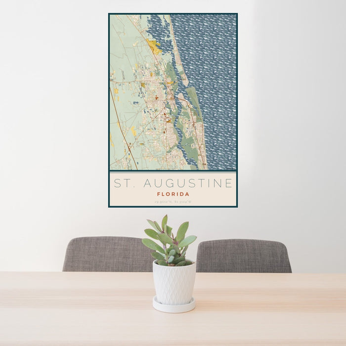 24x36 St. Augustine Florida Map Print Portrait Orientation in Woodblock Style Behind 2 Chairs Table and Potted Plant