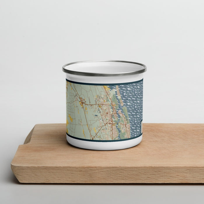 Front View Custom St. Augustine Florida Map Enamel Mug in Woodblock on Cutting Board