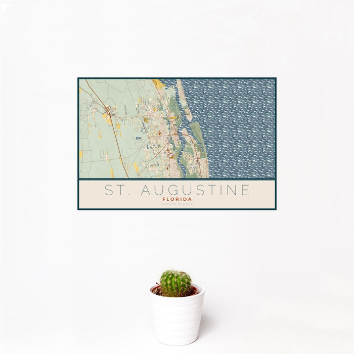 12x18 St. Augustine Florida Map Print Landscape Orientation in Woodblock Style With Small Cactus Plant in White Planter