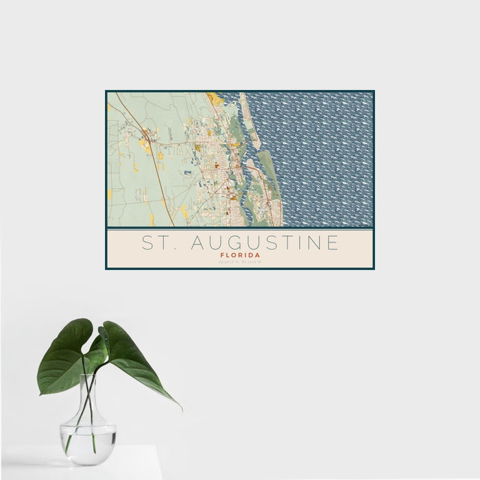 16x24 St. Augustine Florida Map Print Landscape Orientation in Woodblock Style With Tropical Plant Leaves in Water