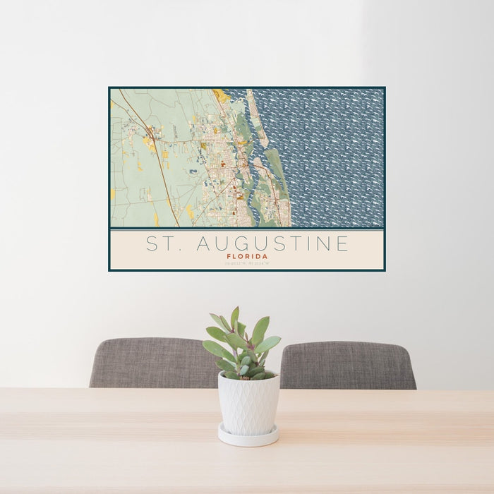 24x36 St. Augustine Florida Map Print Landscape Orientation in Woodblock Style Behind 2 Chairs Table and Potted Plant