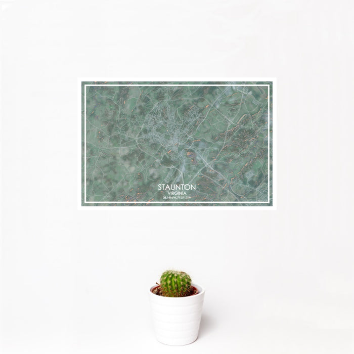 12x18 Staunton Virginia Map Print Landscape Orientation in Afternoon Style With Small Cactus Plant in White Planter