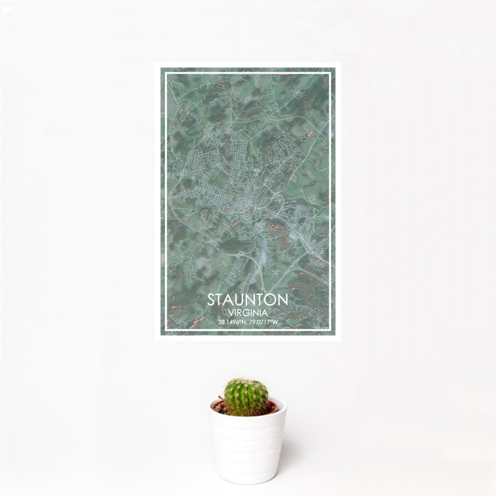 12x18 Staunton Virginia Map Print Portrait Orientation in Afternoon Style With Small Cactus Plant in White Planter