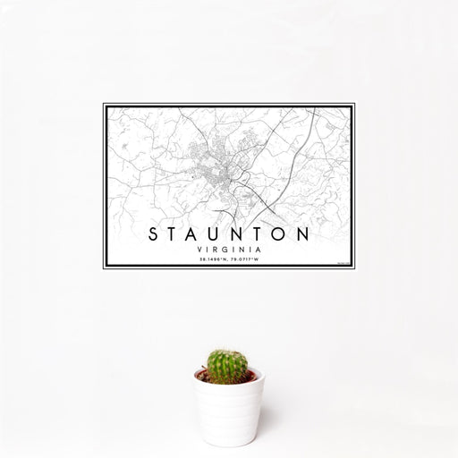 12x18 Staunton Virginia Map Print Landscape Orientation in Classic Style With Small Cactus Plant in White Planter