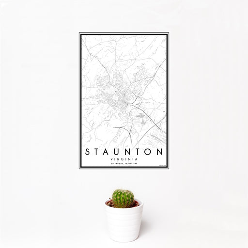 12x18 Staunton Virginia Map Print Portrait Orientation in Classic Style With Small Cactus Plant in White Planter