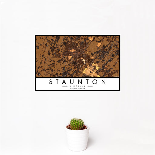 12x18 Staunton Virginia Map Print Landscape Orientation in Ember Style With Small Cactus Plant in White Planter