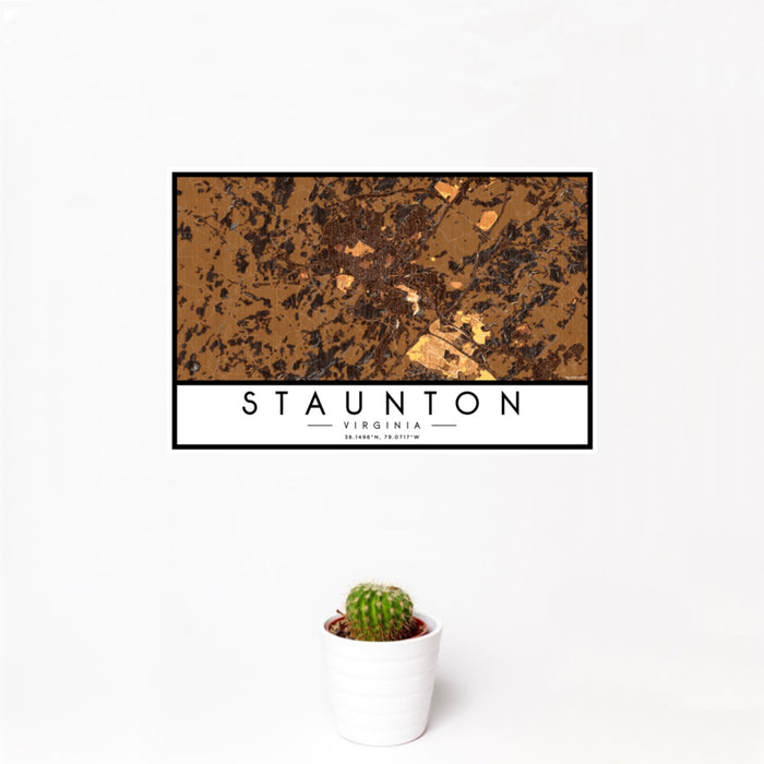 12x18 Staunton Virginia Map Print Landscape Orientation in Ember Style With Small Cactus Plant in White Planter