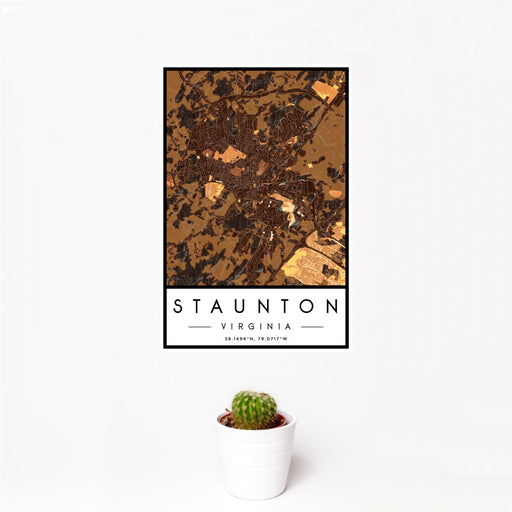 12x18 Staunton Virginia Map Print Portrait Orientation in Ember Style With Small Cactus Plant in White Planter