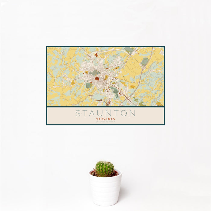 12x18 Staunton Virginia Map Print Landscape Orientation in Woodblock Style With Small Cactus Plant in White Planter