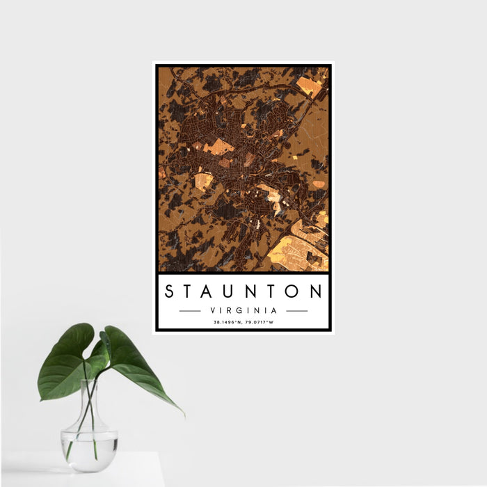 16x24 Staunton Virginia Map Print Portrait Orientation in Ember Style With Tropical Plant Leaves in Water