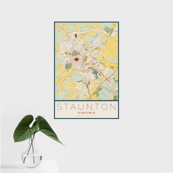 16x24 Staunton Virginia Map Print Portrait Orientation in Woodblock Style With Tropical Plant Leaves in Water
