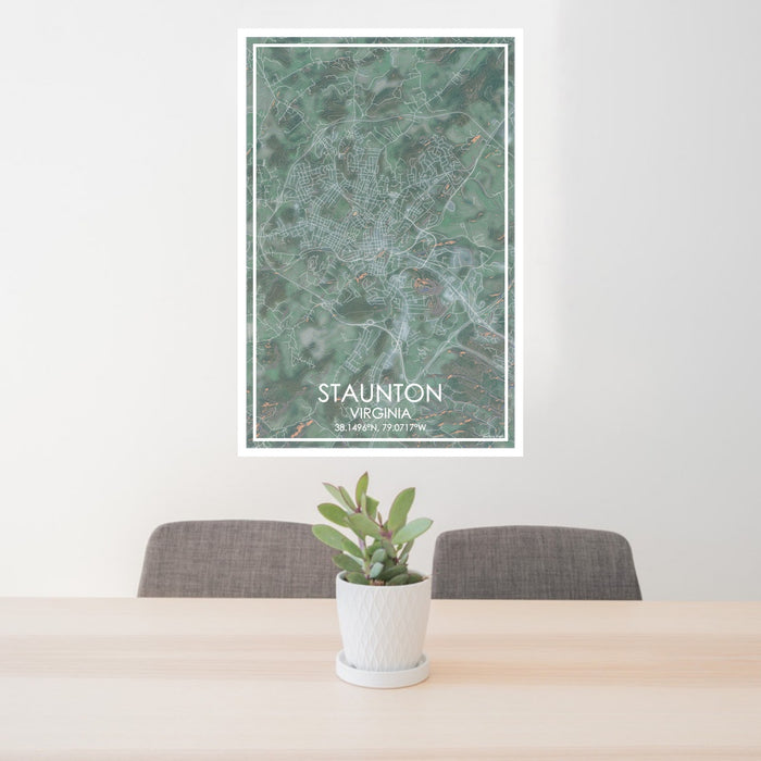 24x36 Staunton Virginia Map Print Portrait Orientation in Afternoon Style Behind 2 Chairs Table and Potted Plant